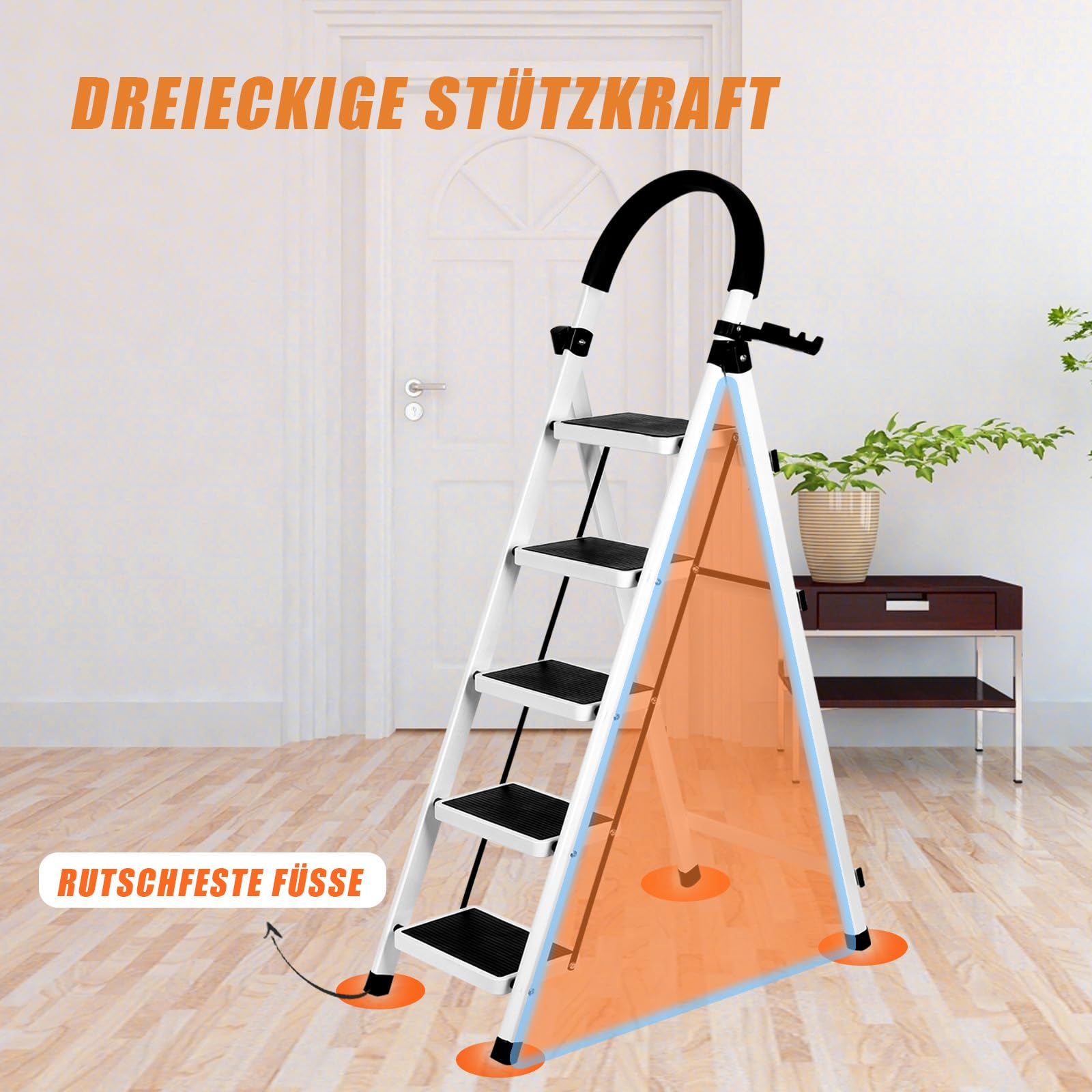 Escalera Plegable de Acero de 5 Peldaños, Escalera Doméstica Antideslizante con Barandilla para Cocina, Hogar y Oficina - Blanco | Antideslizante, Para Cocina, Para Hogar, Para Oficina, Doméstica