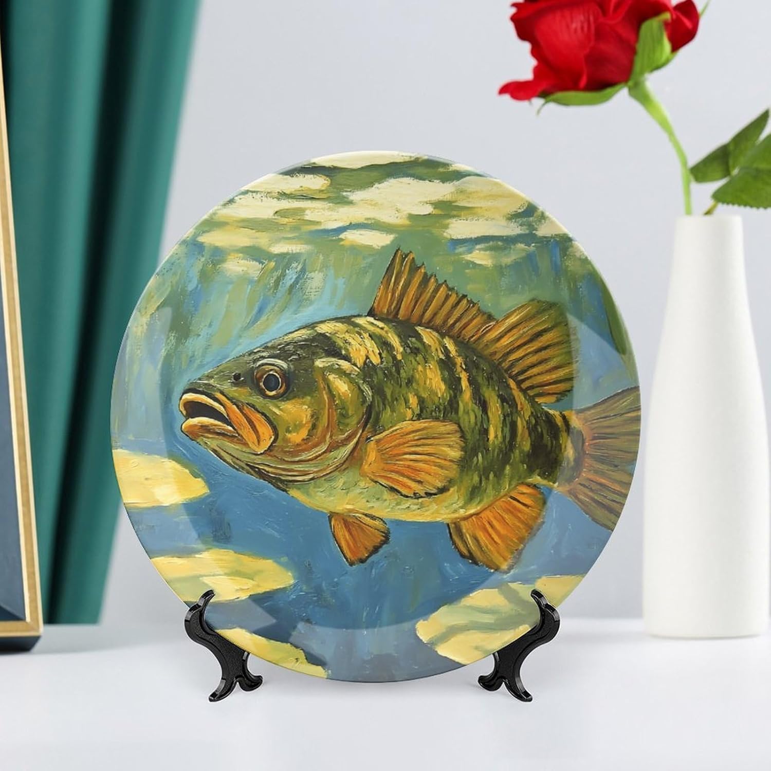 Underwater Bass Fish Decorative Plates for Display Ceramic Plate Tray with Stand Hanger Home Decor