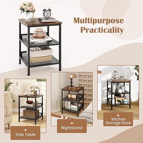 Miniatura 9 de Giantex Mesa auxiliar de 3 niveles, mesa de teléfono industrial con 2 estantes de almacenamiento de malla, marco de metal, mesa auxiliar cuadrada de