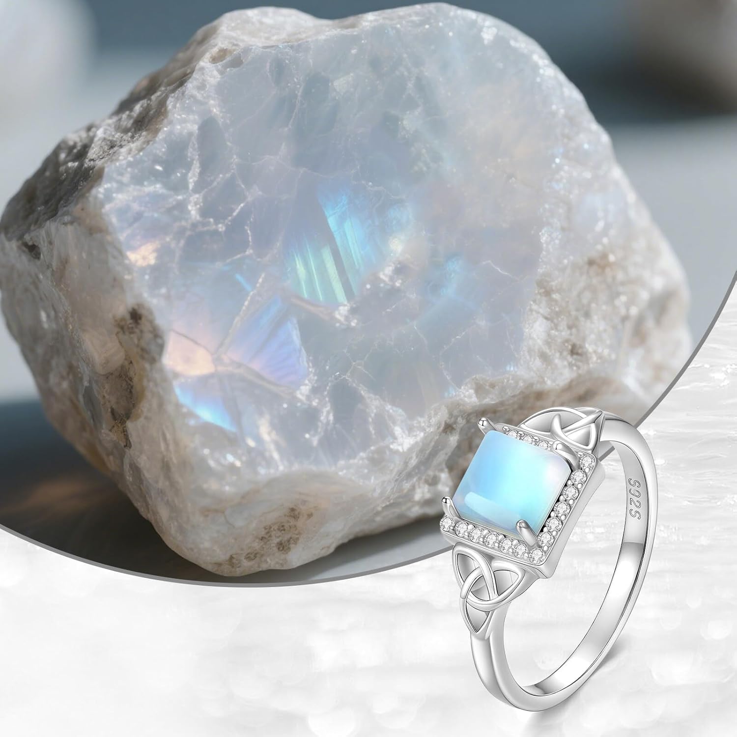 Moonstone Rings for Women 925 Sterling Silver Celtic Square Moonstone Ring Ladies Jewelry Gifts