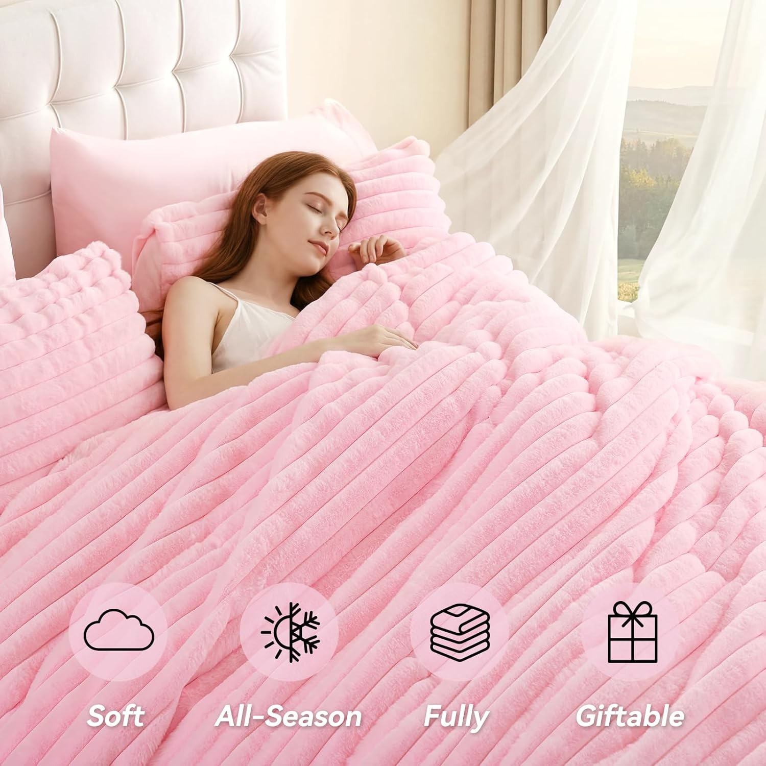 weigelia Queen Comforter Set 7 Piece Fluffy Fleece Bedding Set, Soft Pink Bed Set with Luxury Fuzzy Bed in a Bag, All Season Warm Bedding Sets with Comforter, Sheets, Pillowcases & Shams