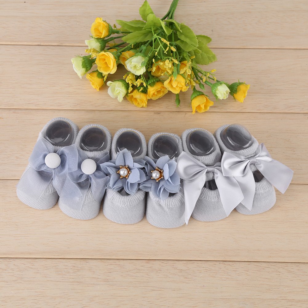 3 Pairs Set Cotton Anti slip Floor Socks with Lace Flower Bow Tie for Baby Toddler Infant Made of Breathable Cotton Material (S(0-1 years old))