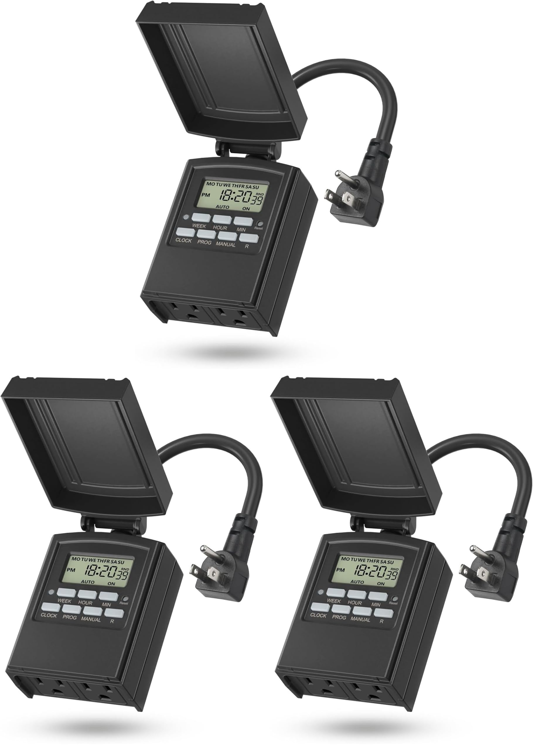 BN-LINK 7 Day Outdoor Heavy Duty Digital Programmable Timer, Outdoor Timer Outlet Waterproof, 2 Grounded Electrical Outlets for Christmas Lights, 15A 1/2HP,ETL Listed (Pack of 3)