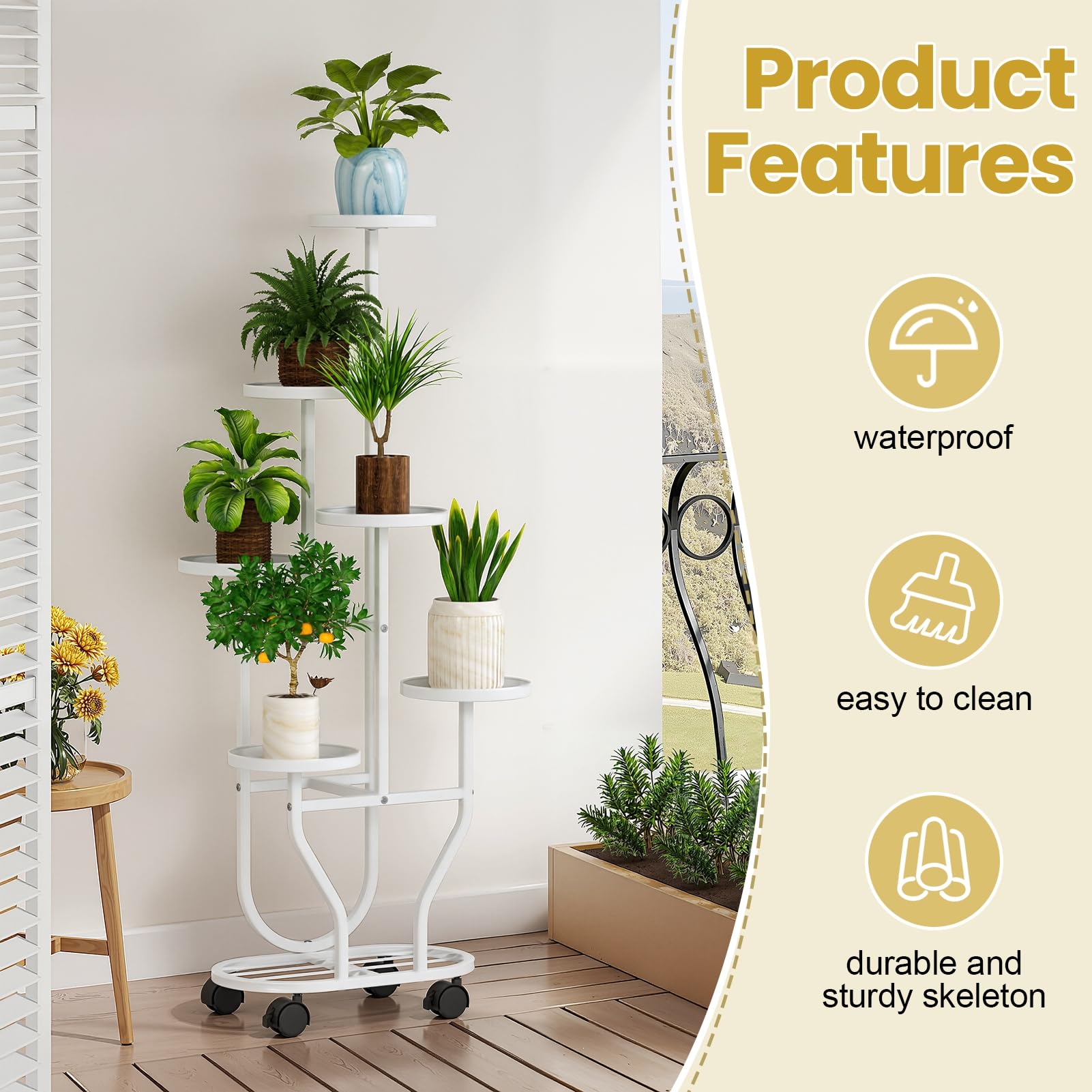 ohfruit 6-poziomowy stojak na rośliny na kółkach z kółkami, metalowa półka na kwiaty, do wewnątrz, na zewnątrz, narożnik, ekspozycja, do salonu, na balkon, ogród, biały