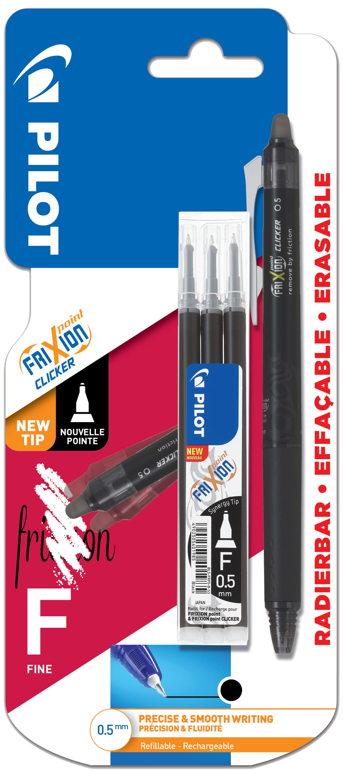 Pilot Frixion Point Clicker Pen - 0.5mm Fine Synergy Tip - Black Ink + 3 Extra Refills (Blistercard)