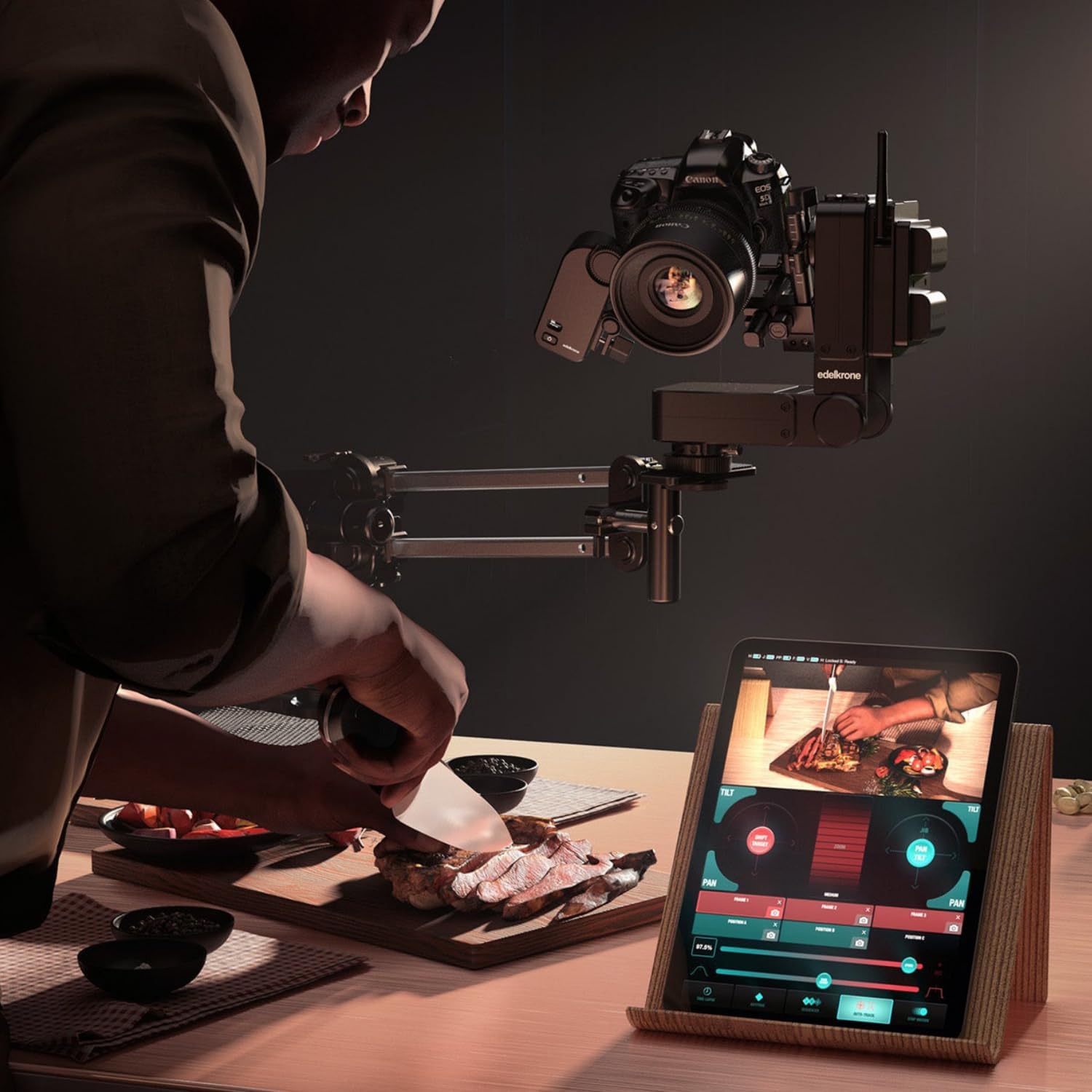 edelkrone HeadPlus v3 Pro in use with a camera, controlled by a tablet showing live feed and controls
