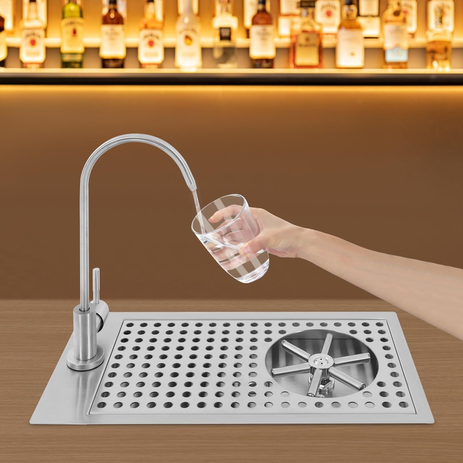 Lavabicchieri professionale, lavabicchieri in acciaio inox con tubo di scarico da 1,5 m, tubo di ingresso acqua da 80 cm, lavabicchieri multiangolare con rubinetto, per bar, caffetteria, hotel, casa