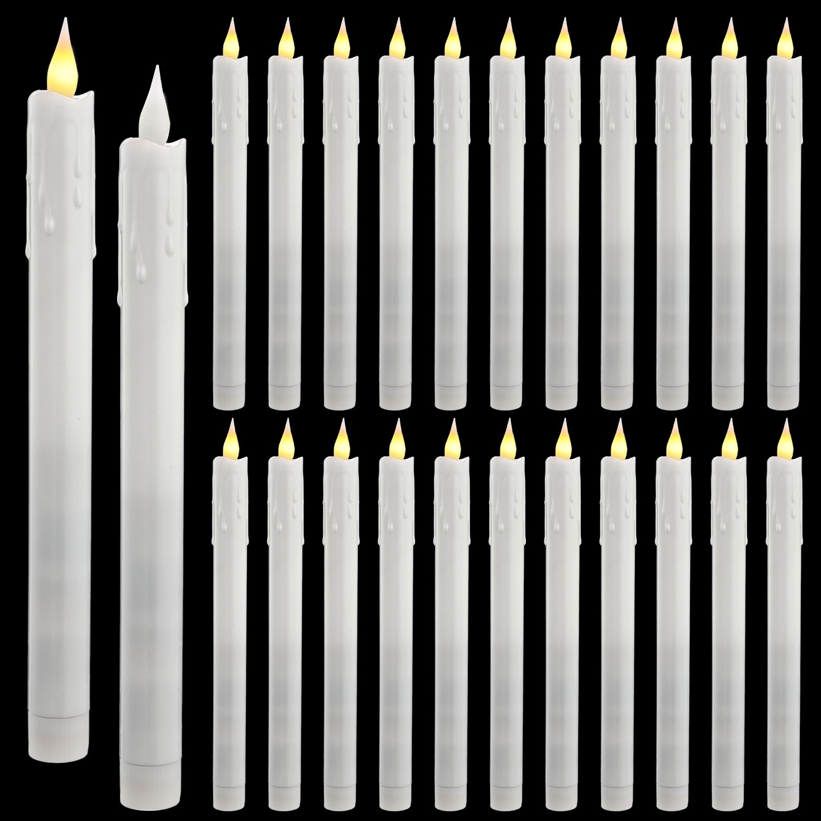 Baquler Lot de 24 bougies coniques sans flamme à piles - Simulation de cire qui coule - Bougies LED vacillantes pour mariage, Saint-Valentin, dîner, décoration d'intérieur - Blanc