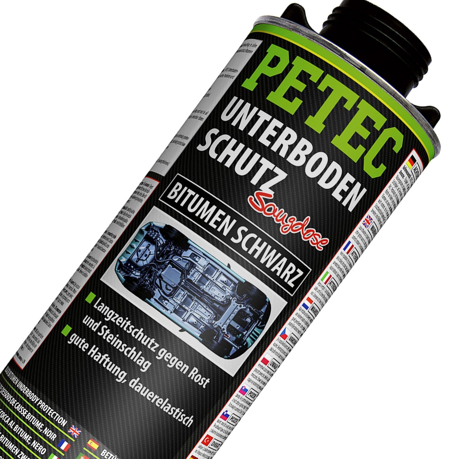 BandelOne enthält 4X 1L PETEC Unterbodenschutz Bitumen Saugdose Rost Steinschlag-Schutz Schwarz