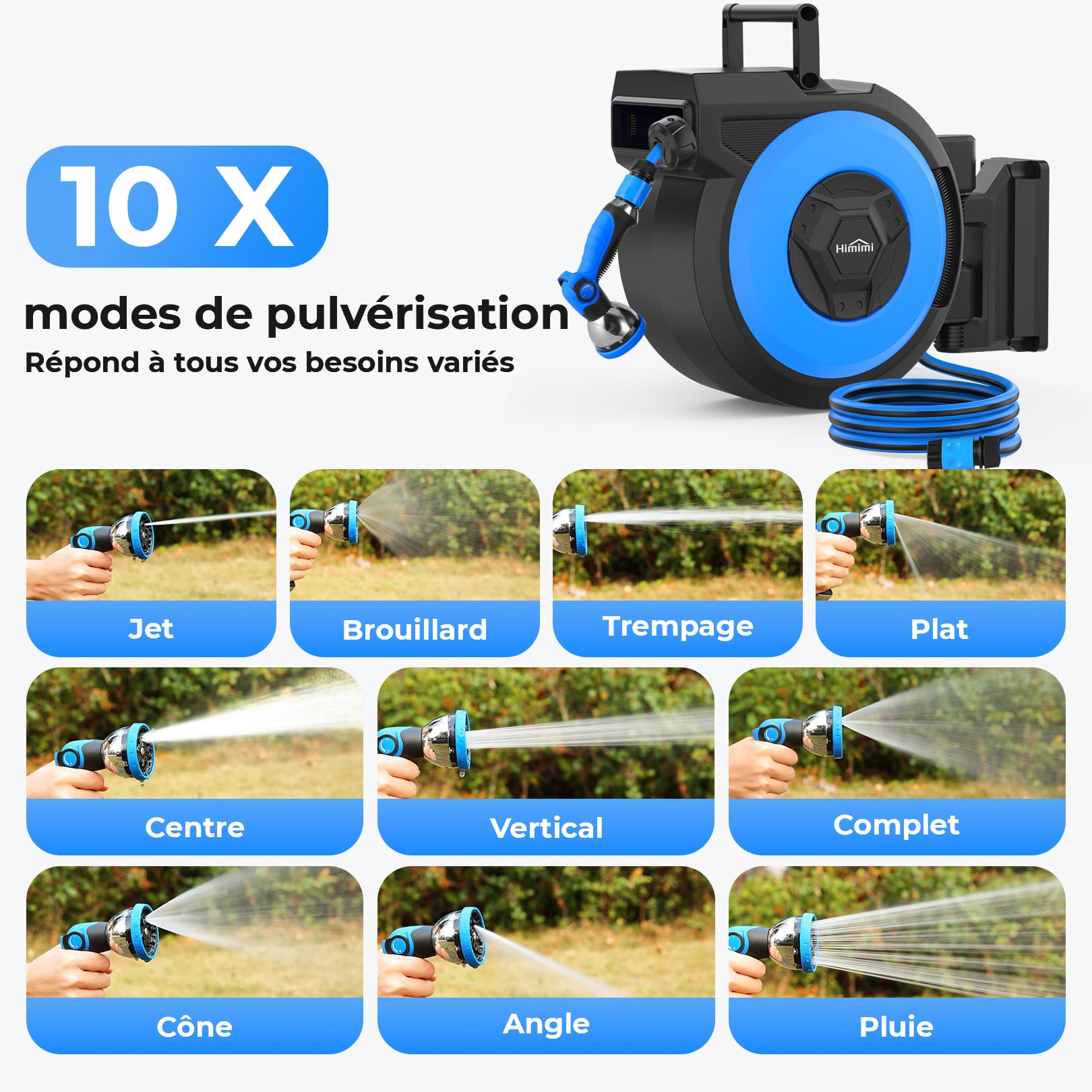 Himimi Enrouleur Tuyau d'Arrosage Rétractable 30m + 2m Mural Automatique, Enrouleur Auto-Rewind avec Pistolet Pulvérisation 10 Fonctions, Pivotant 180° pour Nettoyage & Arrosage Jardin | Rétractable, montage mural, enroulement automatique