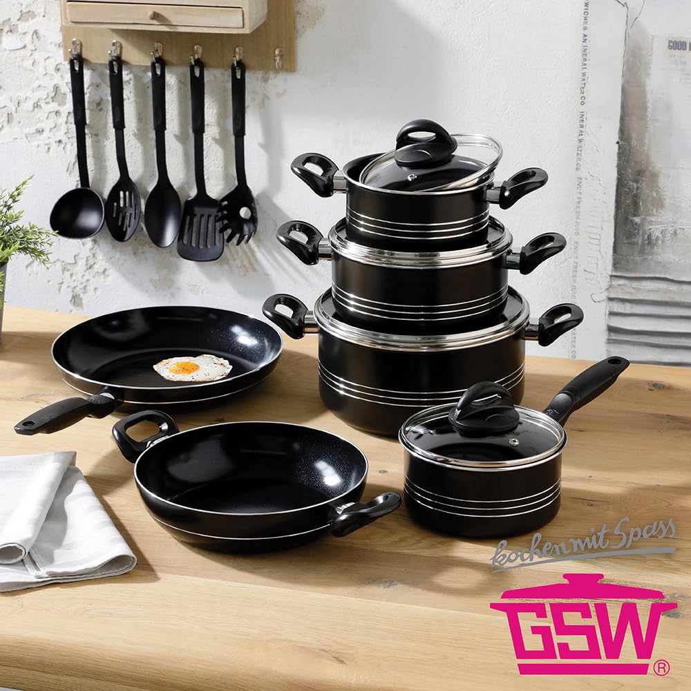 GSW Kochtopf Set Milano Nero, 15-teilig, Hochwertiges Topfset für Induktion, Ceran & Gas, Antihaftbeschichtung, Kochtöpfe mit Glasdeckel & Küchenhelfer, Töpfe & Pfannen