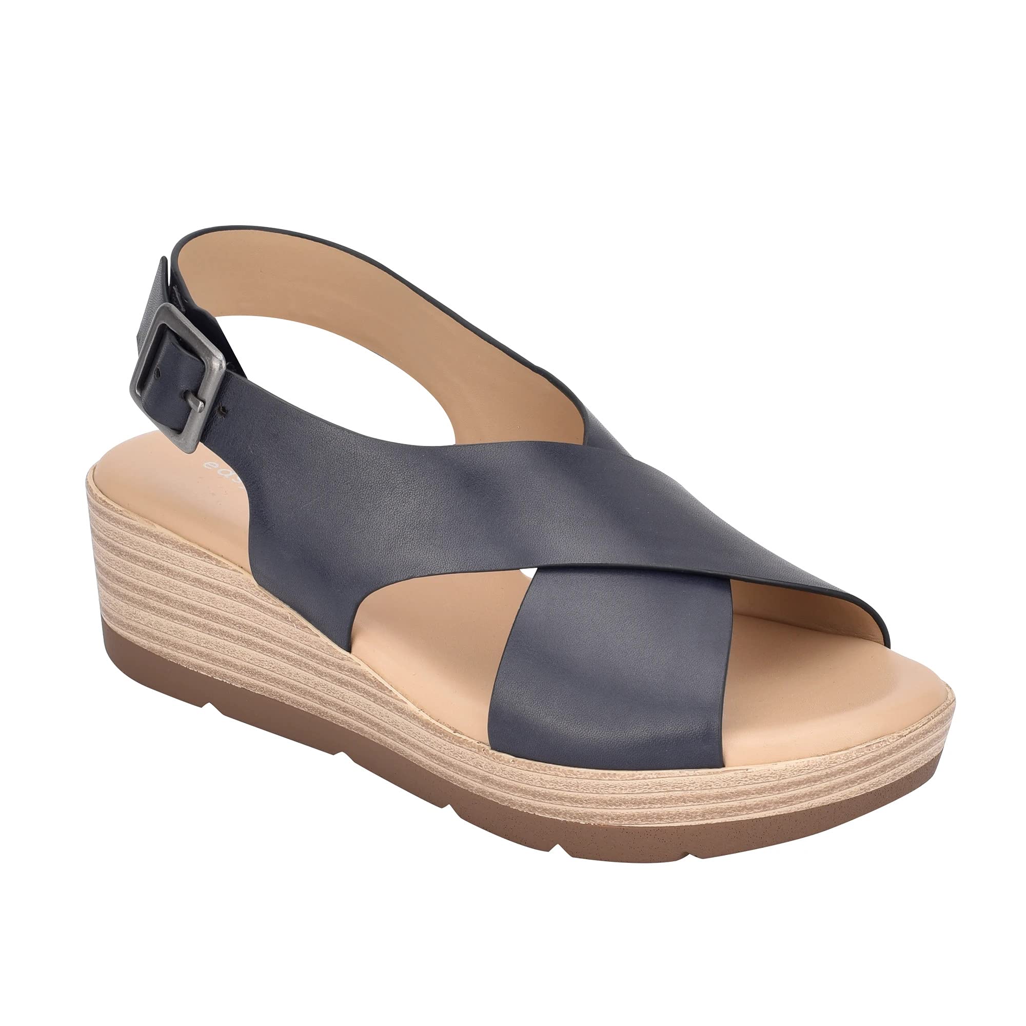 Easy Spirit Womens Kamila Leather Criss-Cross Wedge Sandals