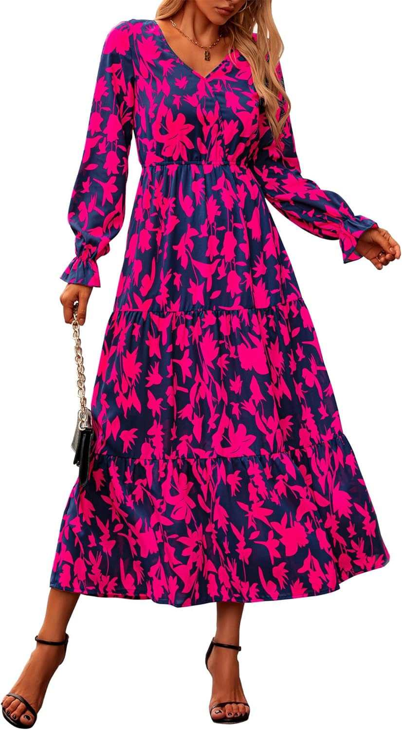 NOLLSOM Women's 2024 Fall Dresses Boho Maxi Dress Casual Long Sleeve V Neck Floral Dresses Wedding Guest Dress