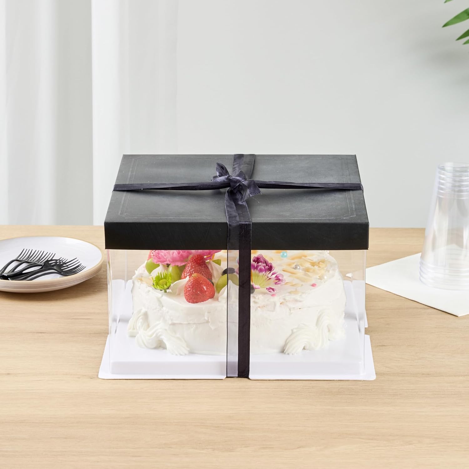 Sweet Vision 透明ケーキボックス 10インチ x 8.25インチ グリース耐性ベース クリアケーキボックス ブラック蓋