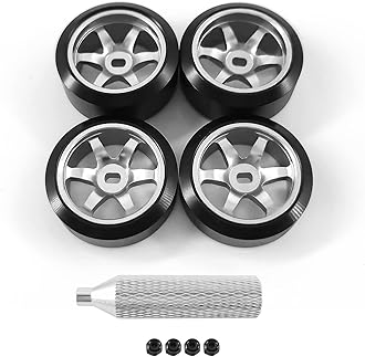 6 Spoke Wheel Rims & Rc Car Drift Tires for 1/28 RC Hobby Model Car, [2*N+2*W] 4 Pcs 20mm Aluminum Alloy Rims for Wltoys K969 K989 P929 AWD XRX AMZ WL DRZ GLA BZ (Silver Drift)