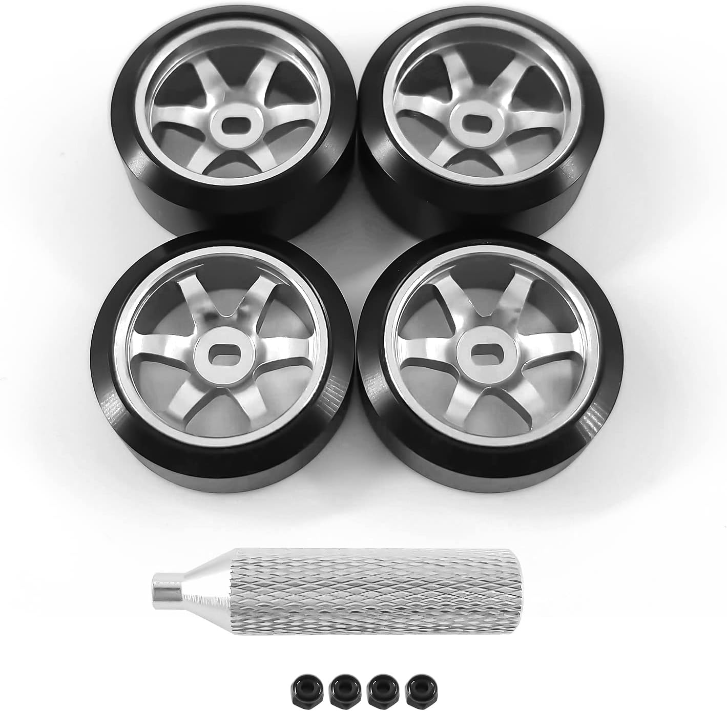 6 Spoke Wheel Rims & Rc Car Drift Tires for 1/28 RC Hobby Model Car, [2*N+2*W] 4 Pcs 20mm Aluminum Alloy Rims for Wltoys K969 K989 P929 AWD XRX AMZ WL DRZ GLA BZ (Silver Drift)