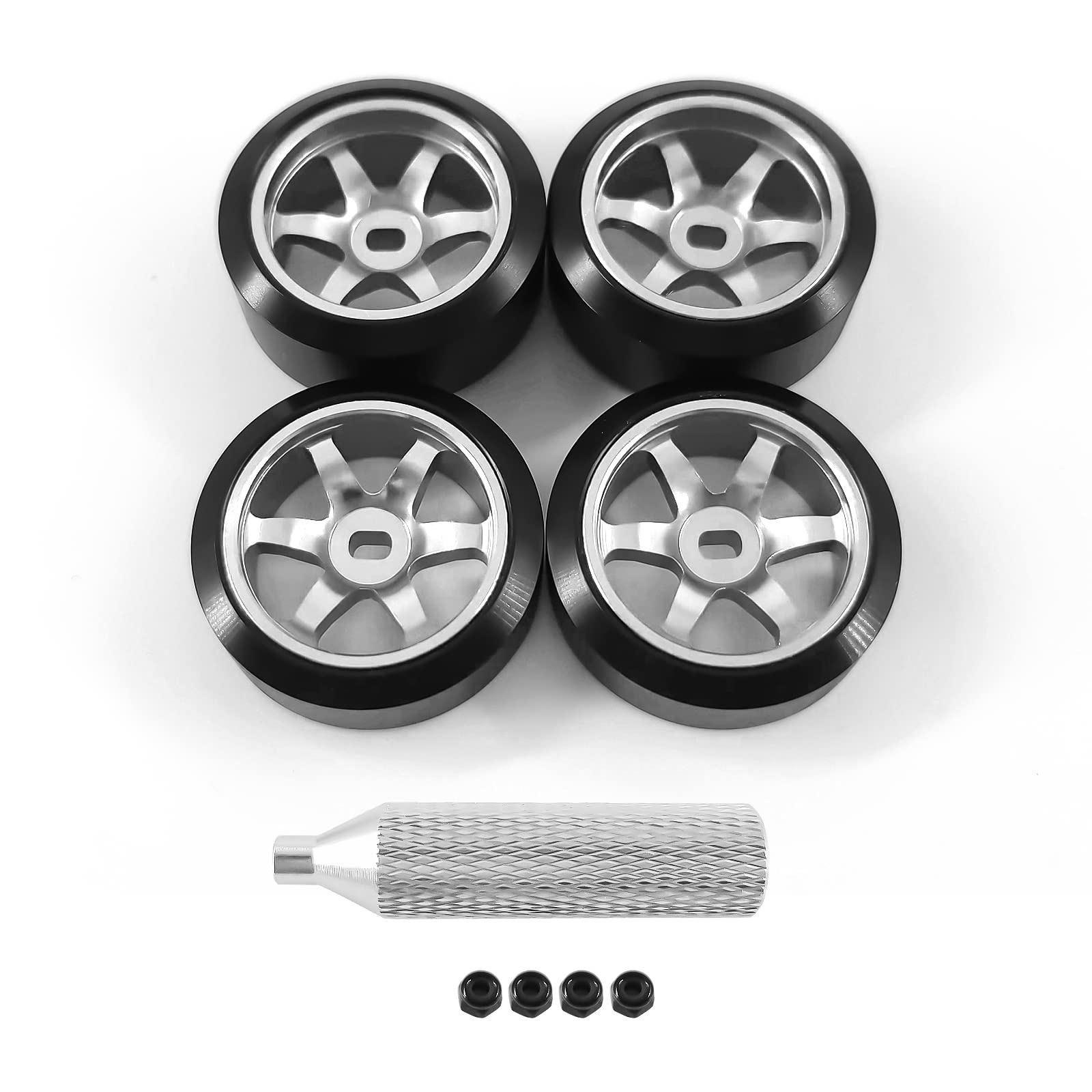 6 Spoke Wheel Rims & Rc Car Drift Tires for 1/28 RC Hobby Model Car, [2*N+2*W] 4 Pcs 20mm Aluminum Alloy Rims for Wltoys K969 K989 P929 AWD XRX AMZ WL DRZ GLA BZ (Silver Drift)