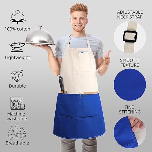Miniatura 7 de Delantal de chef unisex de dos tonos profesional con 2 bolsillos para cocinar, asar y hornear, regalo