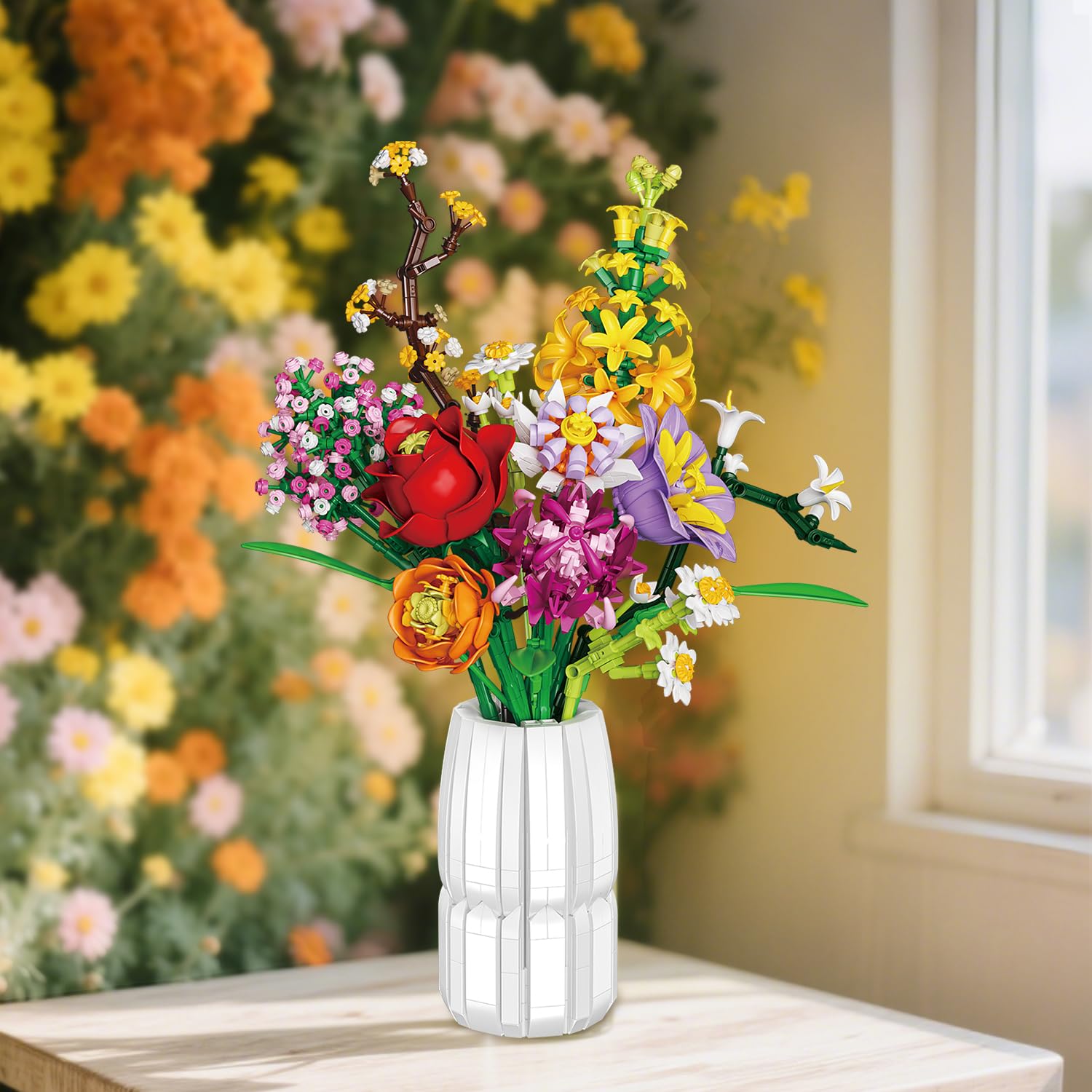 Set di Costruzione di Bouquet di Fiori con Vaso 2 in 1, Set di Bouquet di Fiori Artificiali per Adulti e Donne, Compatibile con Lego la Collezione Botanical di Bouquet di Fiori, 1458 Pezzi