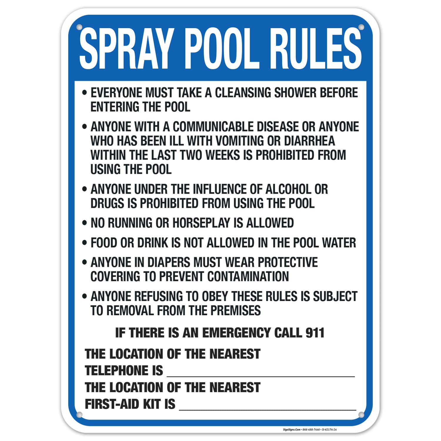 Washington Spray Pool Rules Sign, Complies with State of Washington Pool Safety Code, 18x24 Inches, 55 mil Thick HDPS (high Density polystyrene), Made in USA