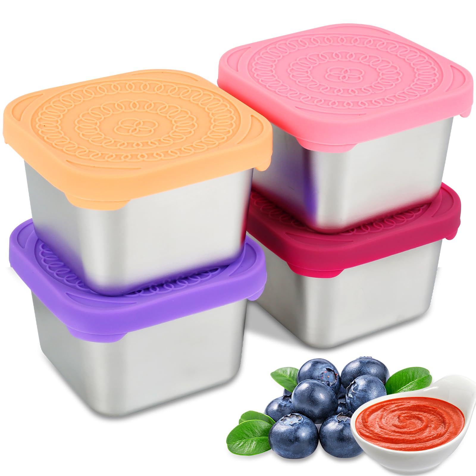 Foribyw 4pcs Salad Dressing Container Silicone Lids 6oz Stainless Steel Snack Boxes Leakproof Food Box Small Sauce Pots for Daycare School Office Travel(4pack)