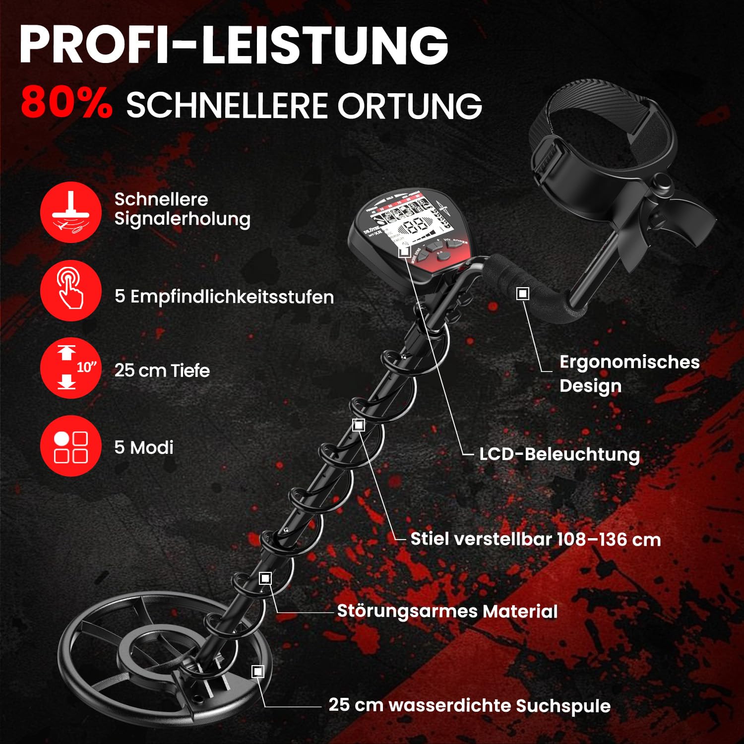DR.ÖTEK Metalldetektor Profi Set, Leicht Gold Detektor für Kinder und Erwachsene mit Pinpoint Modus, Speichermodus, Wasserdicht Spule, 5 Modi, Hochpräzisions, Metal Detector Kit mit Digger Schaufel