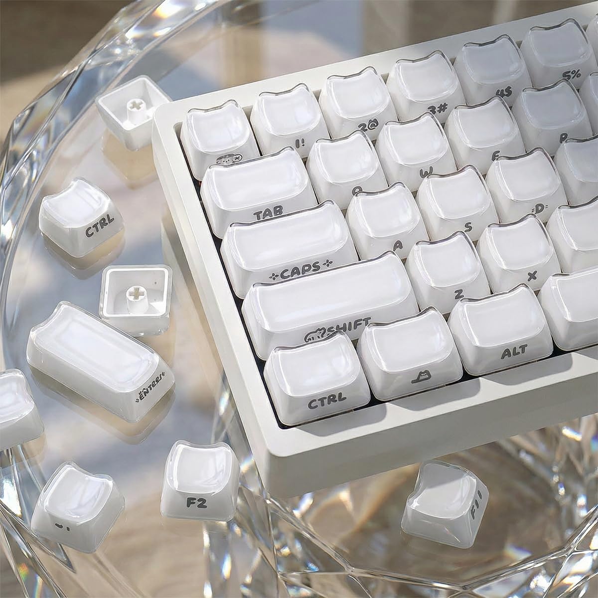 Hyekic Crystal Jelly Cat Shape Keycaps, 119 touches translucides blanches mignonnes imprimées sur le côté Mao Profile Custom Keycap pour 61/68/84/87/98/100 Cherry Gateron MX Swithes Clavier mécanique
