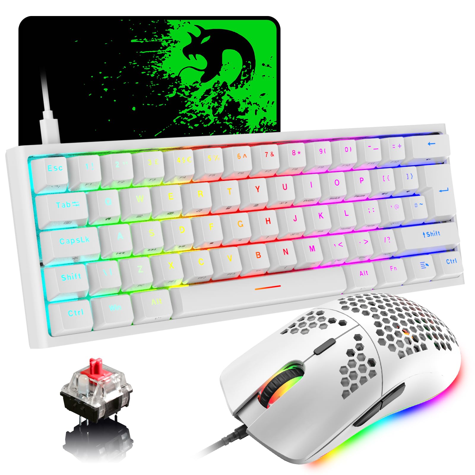 MAGIC-REFINER 60% Gaming Keyboard and Mouse Combo, RGB Mechanical Keyboard,Lightweight Gaming Mouse, 62 Keys USB C Wire Mice 12000 DPI for Win/Mac/PC, UK Layout (White/Red Switch)