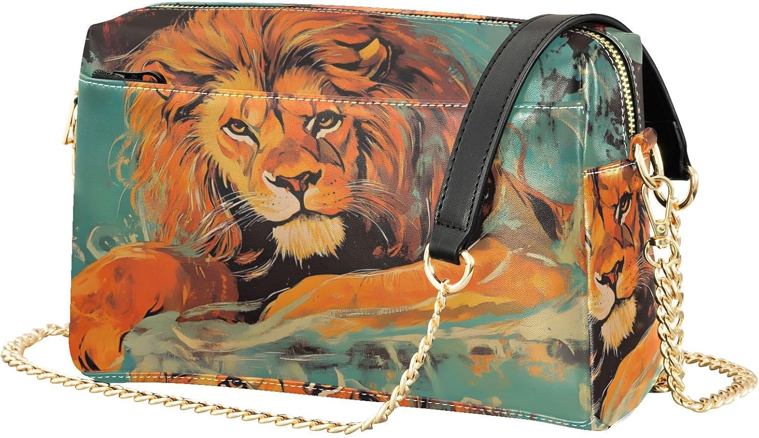 Women Crossbody Bag Shoulder Handbag Cellphone Purse PU Leather Metal Chain Strap Water Resistant Zipper Closure Abstract Lion Painting Print