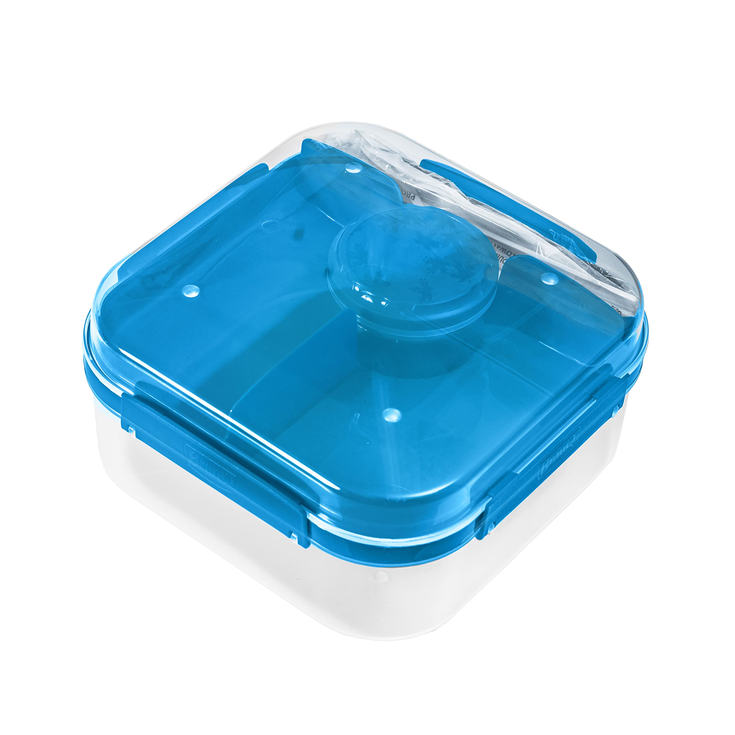 BranQ Home essential - praktische Lunchbox 1,6l LIDO mit Besteck(Gabel und Messer) und einem Schraubverschlussbehälter für Sauce oder Nüsse, BPA-frei, perfekt für Salate und Snacks, blau transparent
