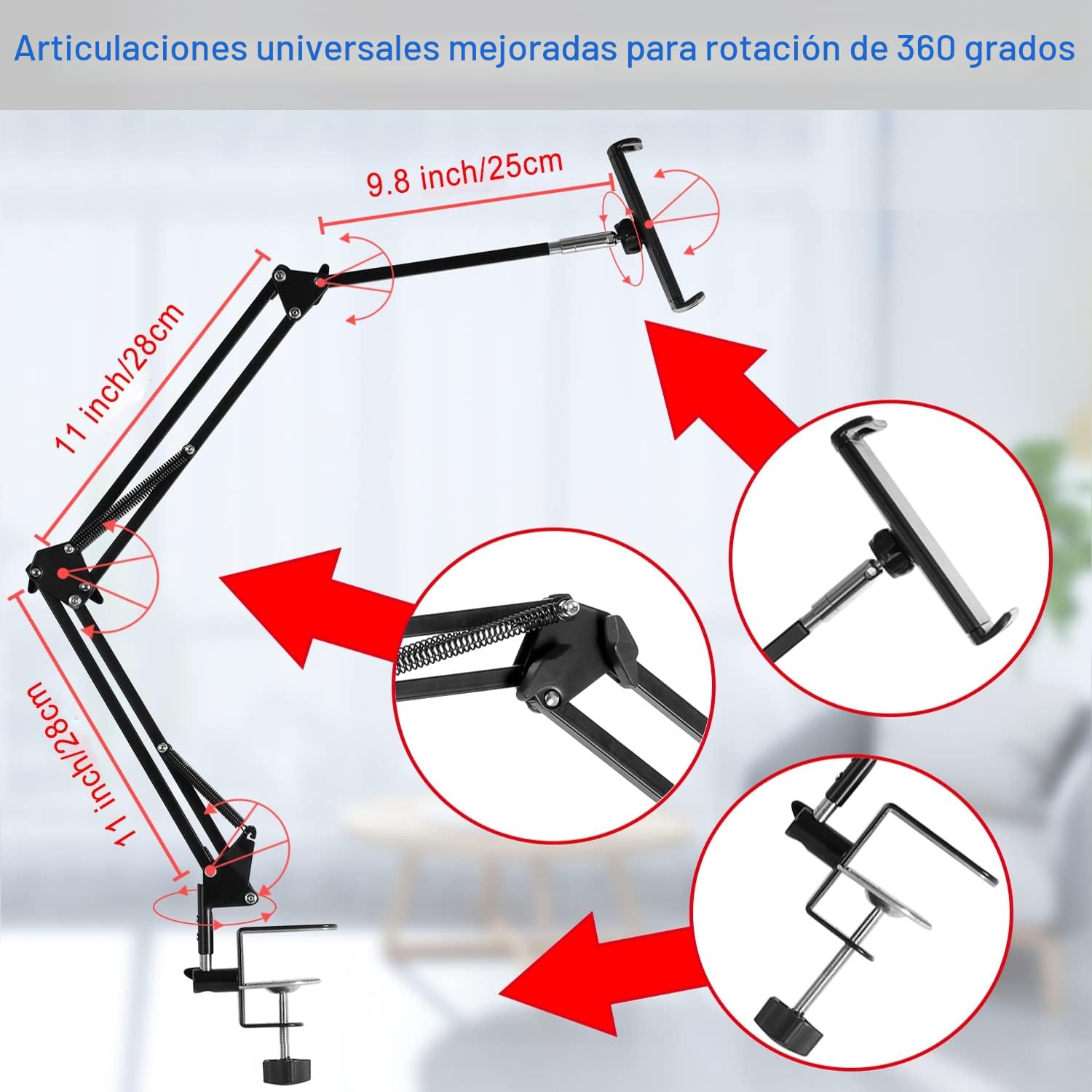 SAMHOUSING Soporte giratorio de 360 grados para tablet y teléfono – Brazo de aluminio estable para iPad y otros dispositivos de 4,5 a 12,9 pulgadas