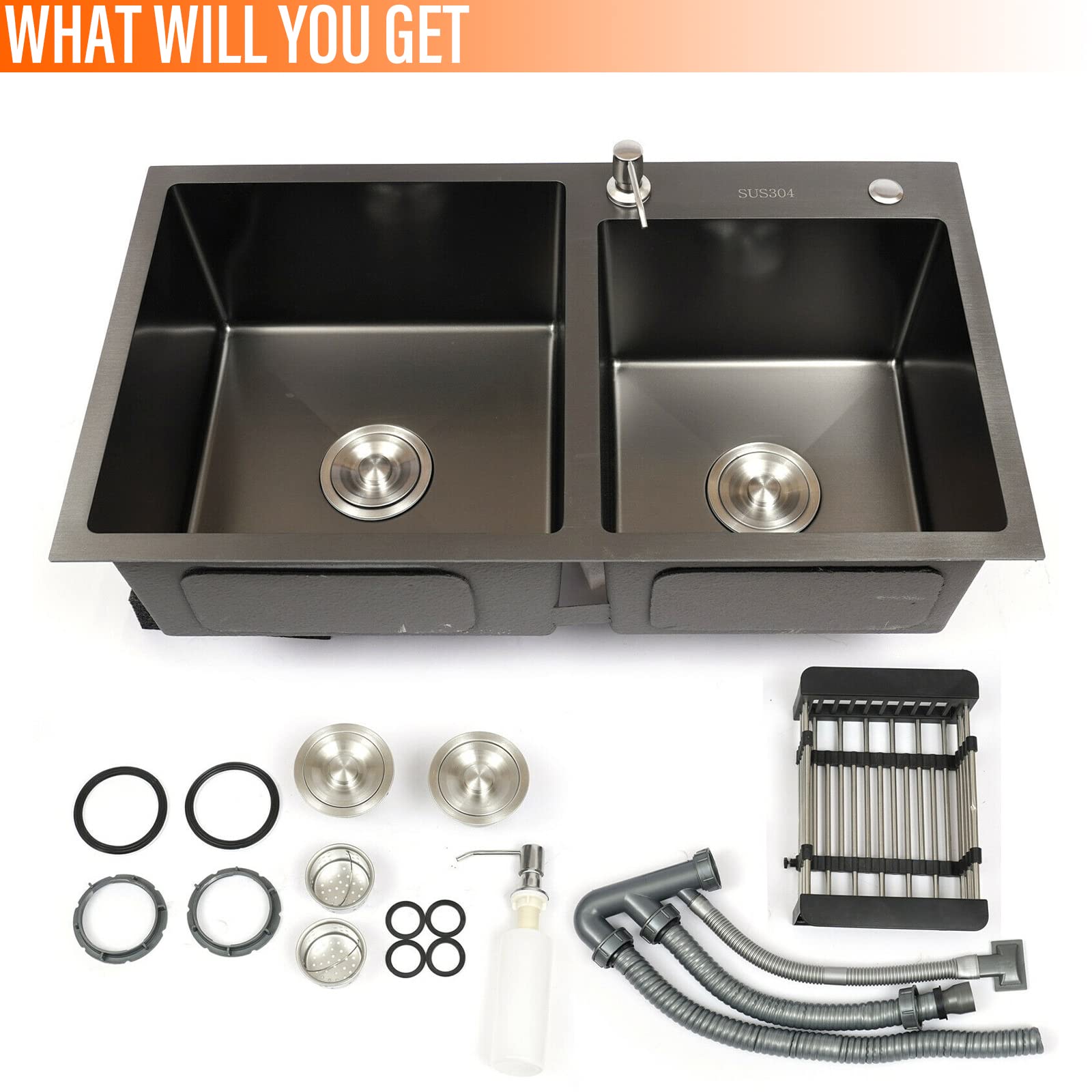 Lavello Cucina Acciaio Inox 2 Fori - 78x43x20cm, Nero, Con Kit Scarico, Fonoassorbente - Foto 3