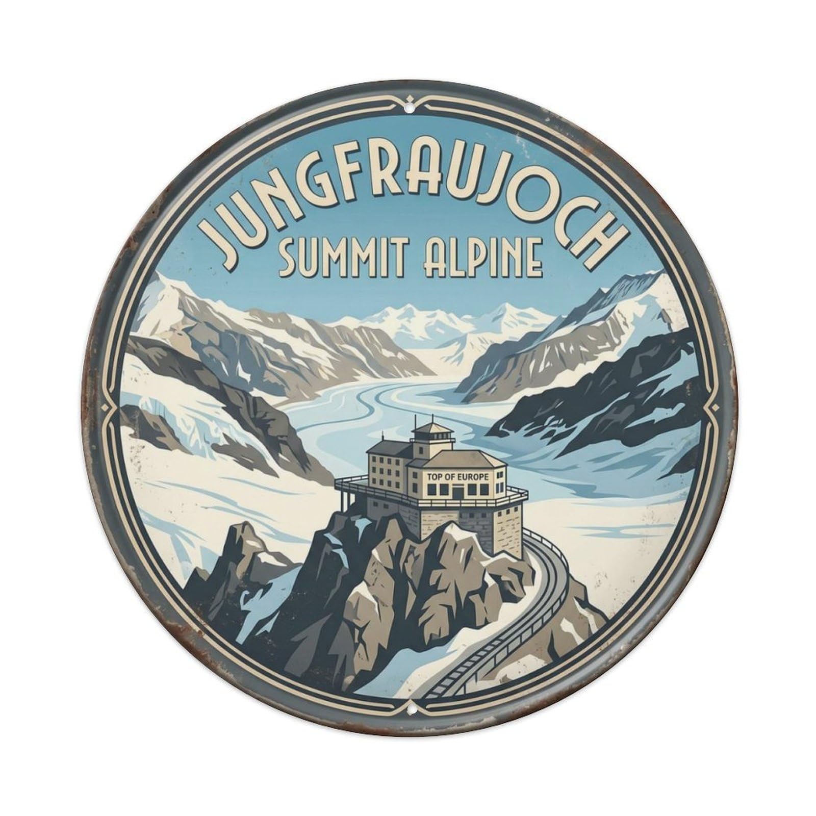 Jungfraujoch Summit Alpine Switzerland Peak Metal Tin Sign Plaque Wall Decor for Cafe, Club Bar, Office, Home Garden Round Metal Poster 8x8Inch