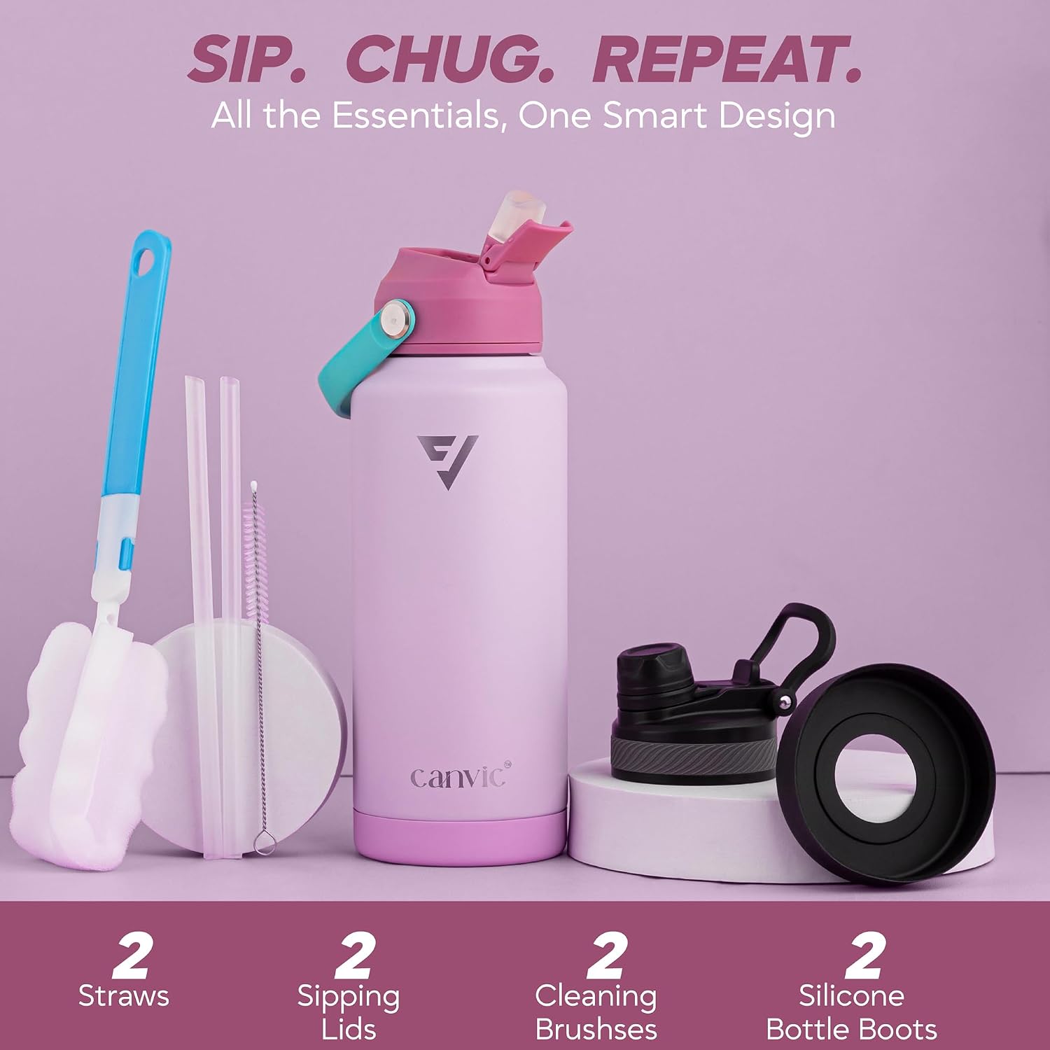 Canvic DualSip 32oz Vacuum Insulated Stainless Steel Water Bottle, 2 Leakproof Lids (Straw & Chug), Wide Mouth BPA-Free Sports Mug for Gym, Travel, Hiking, School & Office