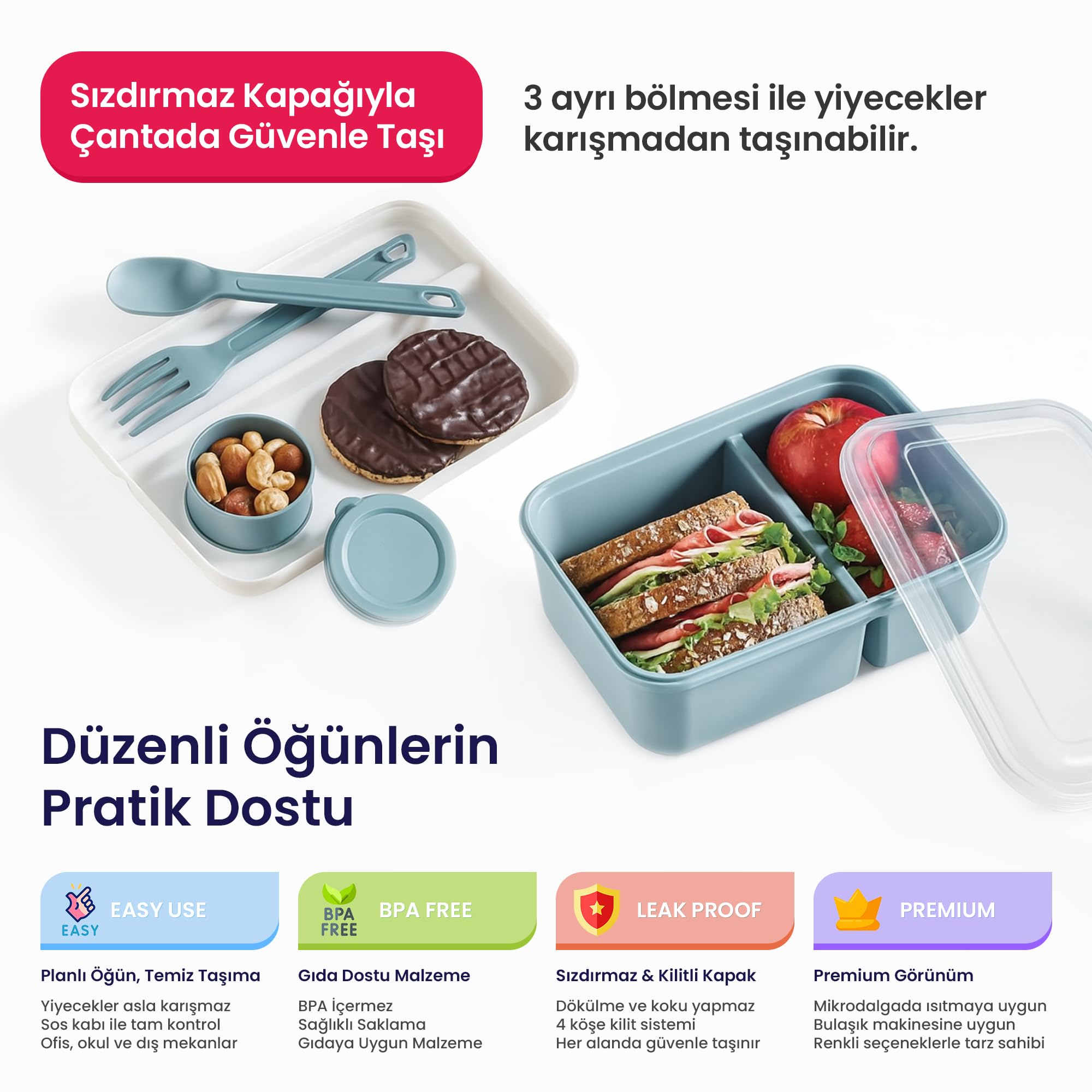 Hobby Life Lunch To Go 3 Bölmeli Beslenme Kabı – Sosluklu, Sızdırmaz Kapak, BPA İçermez, 920 ml + 40 ml (Gri)