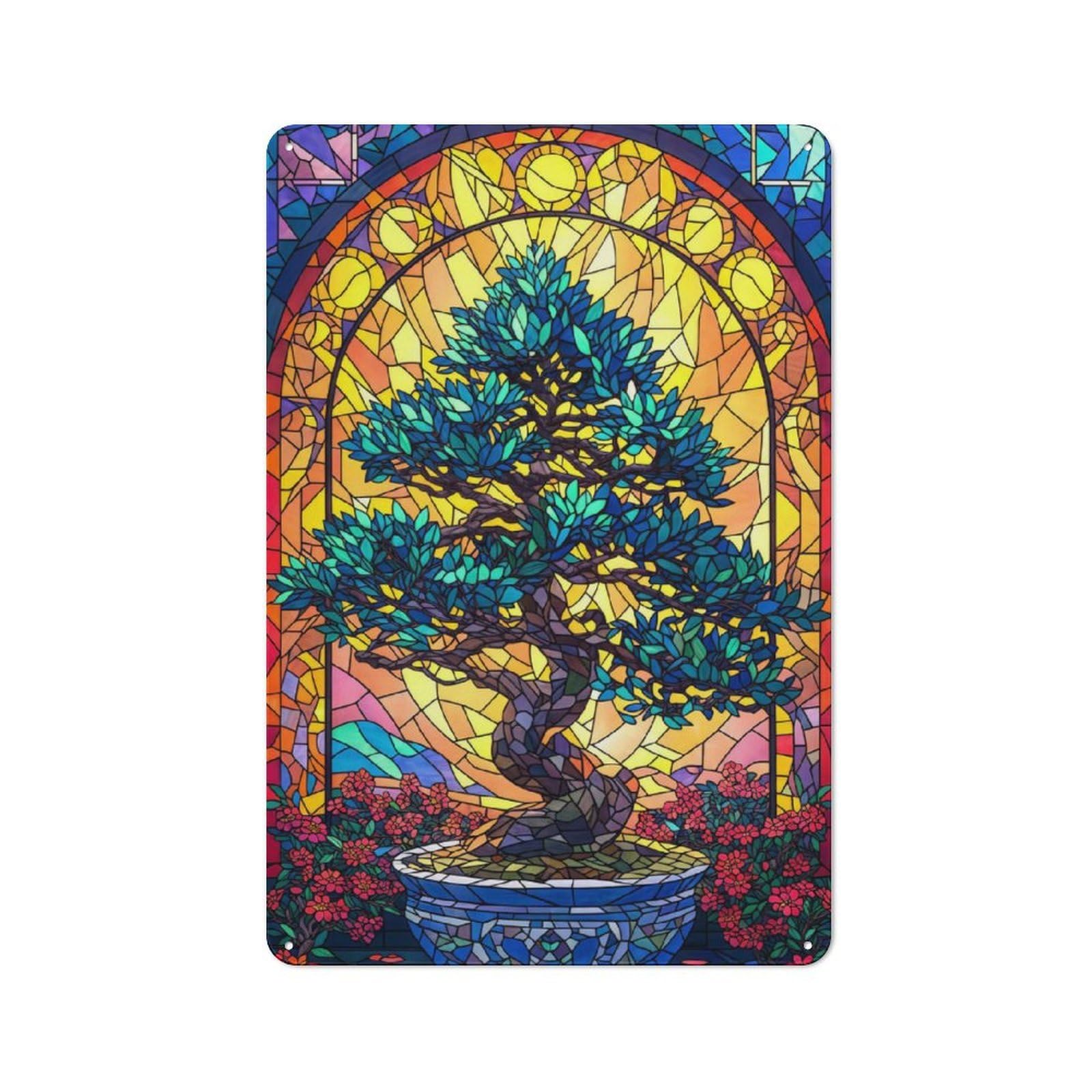 Junmoney Style-22 Bonsai Tree Stained Glass Rustic Metal Sign 30X20cm, Country Vintage Country Wall Plaque For Cottage, Kitchen, Hallway Or Breakfast Nook