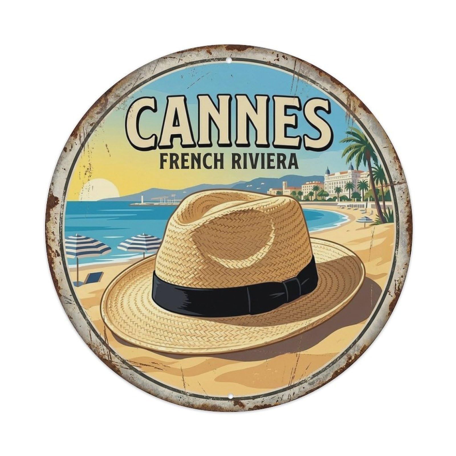 Retro Cannes Panama Hat French Riviera Culture Travel Metal Tin Sign