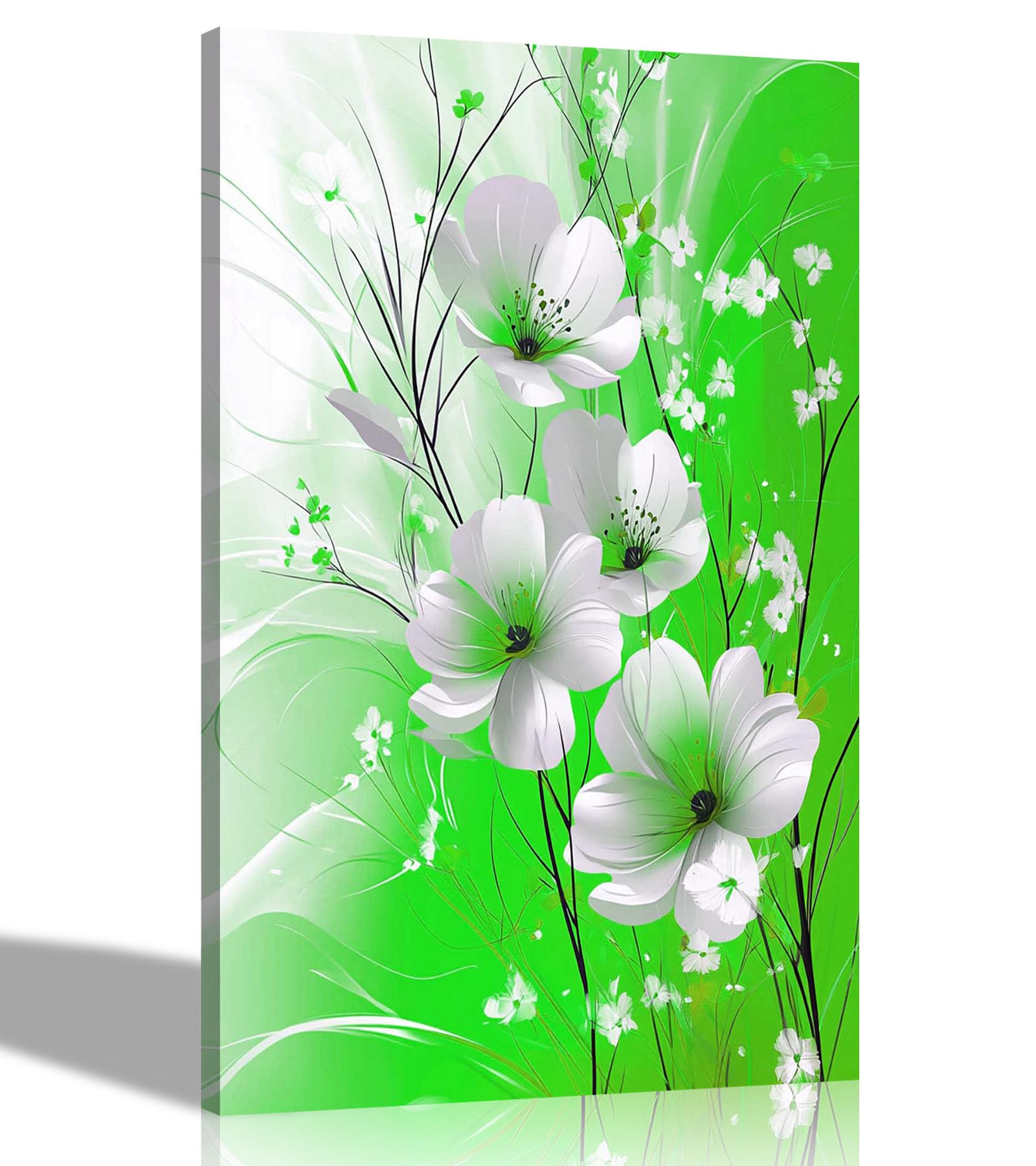 Artley Prints Abstract Flower Green White - Green And White Abstract Flowers Canvas Prints Framed Wall Art Flower Pictures Décor Ready To Hang 60 X 40Cm (24 X 16 Inches) A2