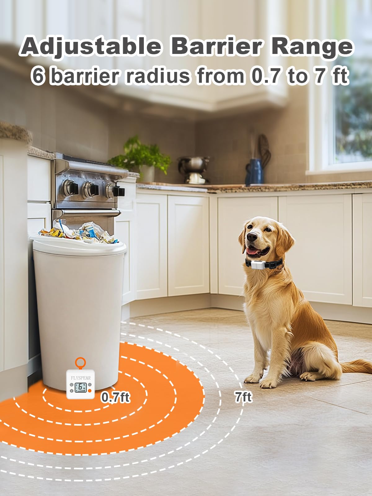 FLYSPEAR Barrera inalámbrica para mascotas, barrera recargable para interiores con 6 radios de rango ajustables de hasta 7 pies, 6 intensidades estáticas seguras ajustables, sistema de valla eléctrica