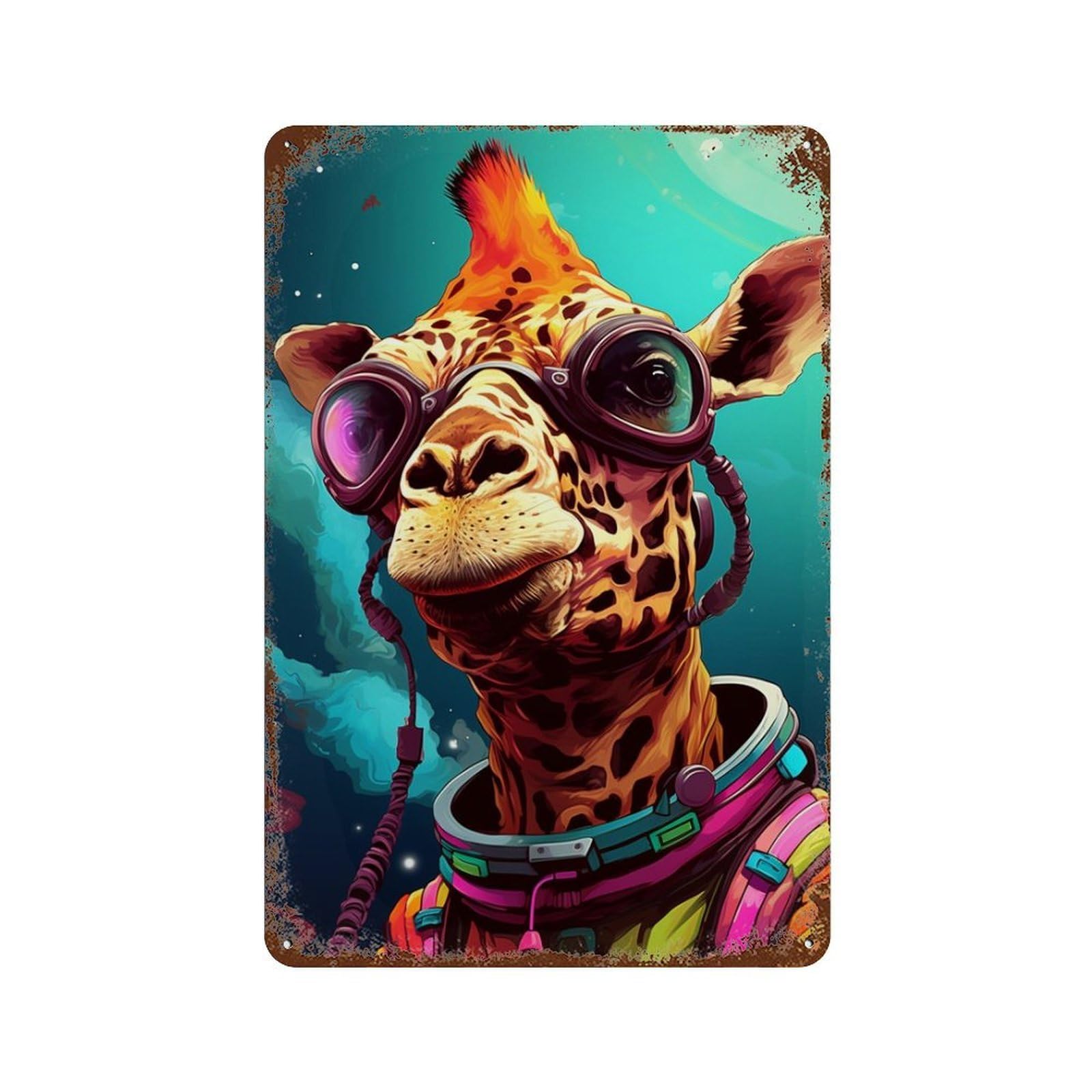 Giraffe Astronaut Goggles 11.8"x7.9" Aged Metal Wall Plaque, Classic Wall Plaque for Basement, Hobby Room And Garage Decor