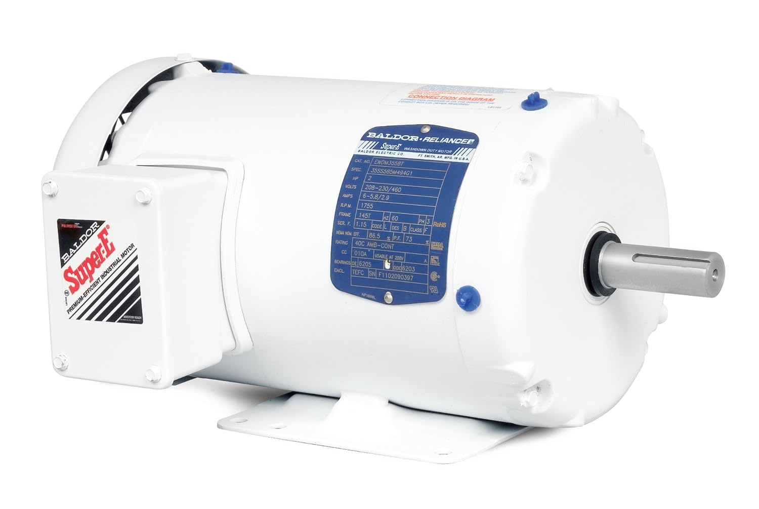 BALDOR EWDM3558T Washdown Duty Motor, Three Phase, Totally Enclosed, Foot Mounted, 2 hp, 1755 RPM, 3PH, 60 Hz, 145T, 3528M, TEFC, F1, 208-230/460V, Steel
