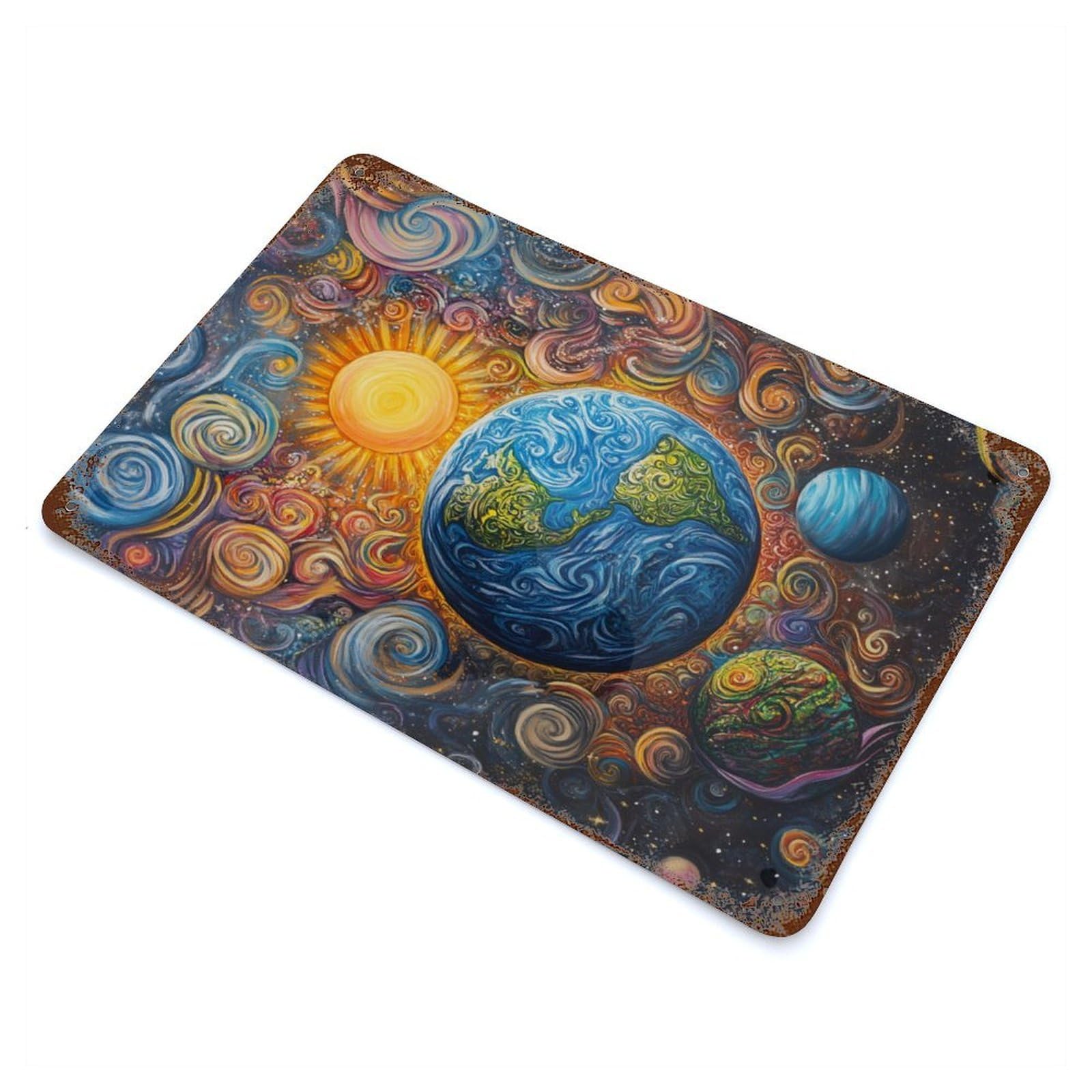 Whimsical Cosmic Painting Rust Effect Tin Sign 11.8"x7.9", Ideal for Cafe, Home Bar And Lounge Decor