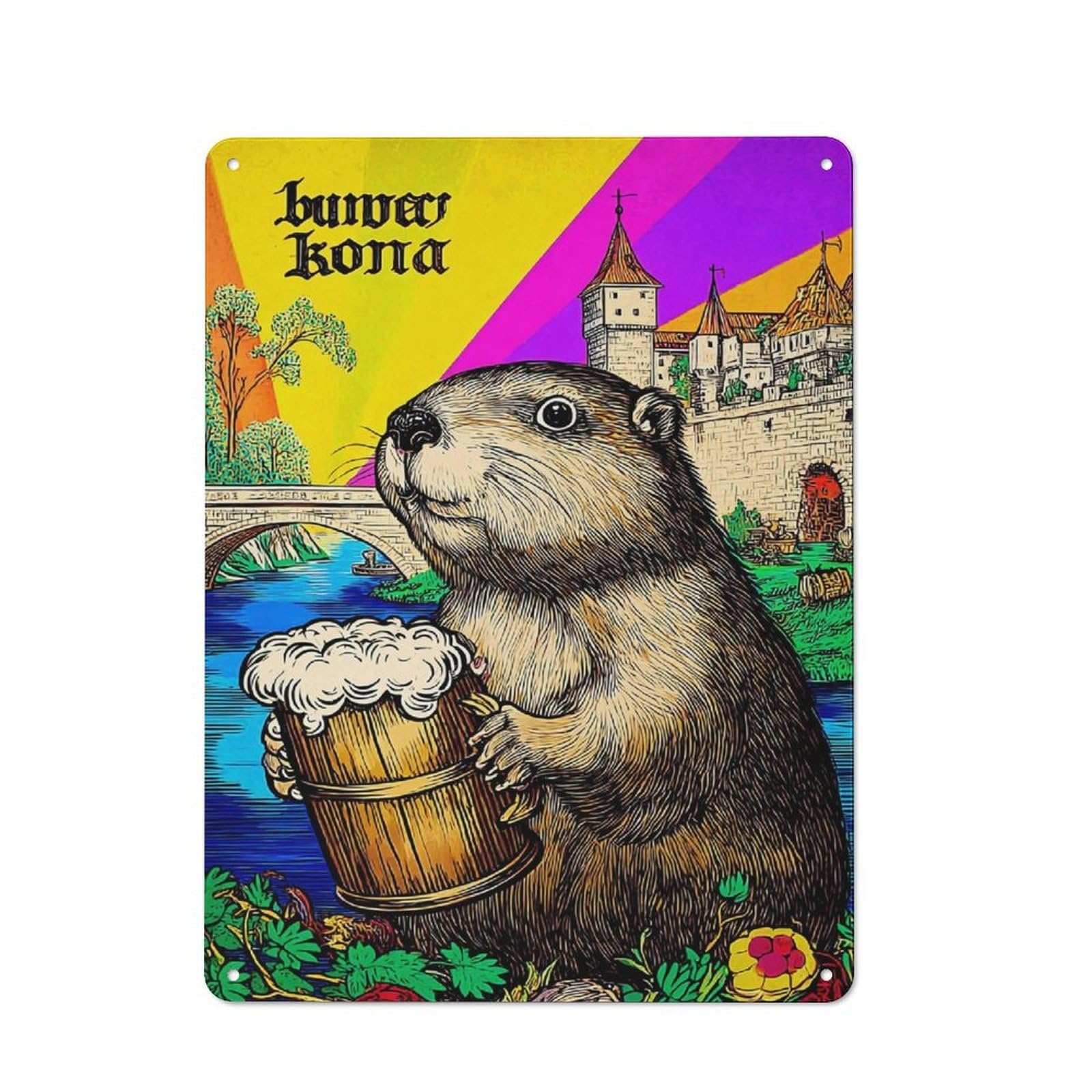 Junmoney Beaver With Beer Bucket Illustration Modern Vintage Metal Desk Wall Sign 40X30cm, Office Wall Decor For Office, Study, Studio Or Hallway