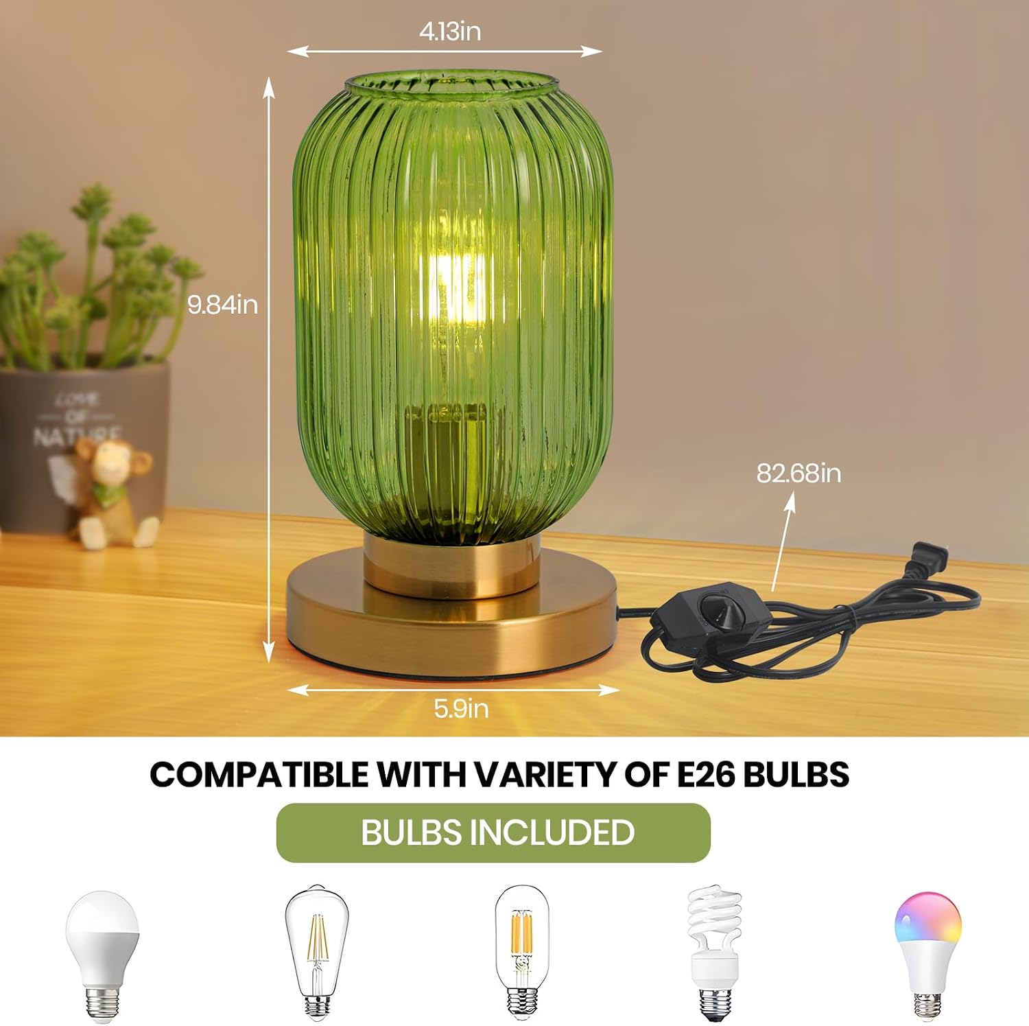 Green Glass Table Lamp - Mid Century Modern Globe Design, Dimmable LED Table Lamp for Nightstand, Vintage Ribbed Pumpkin Shape, Gold Base