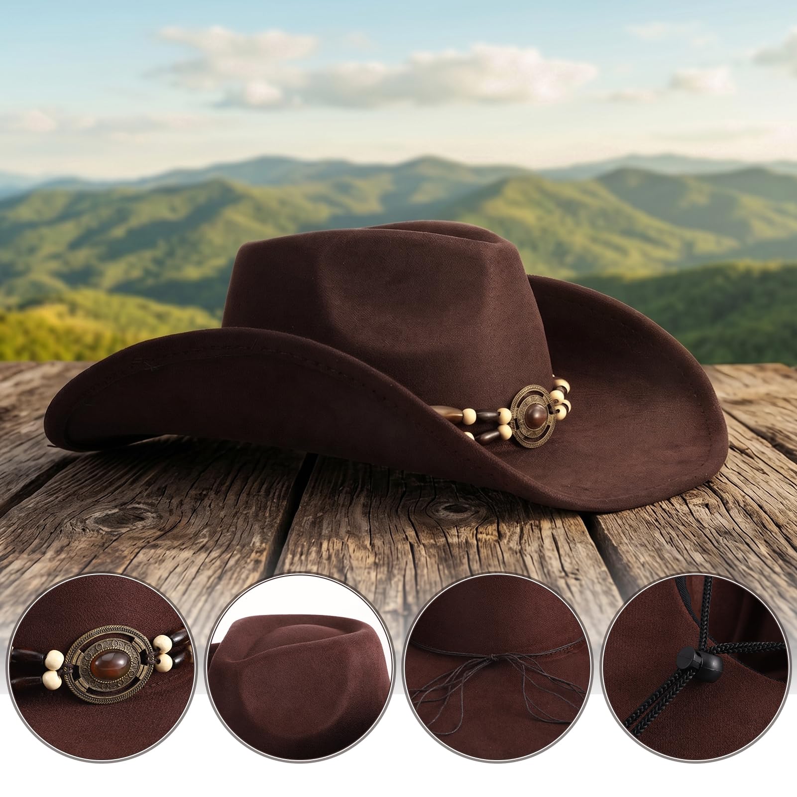 ViEinkaufen Cappello da cowboy per donne e uomini, cappello occidentale in pelle scamosciata, Fedora, cowboy e cowgirl, cappello Panama per feste, viaggi, spiaggia all'aperto