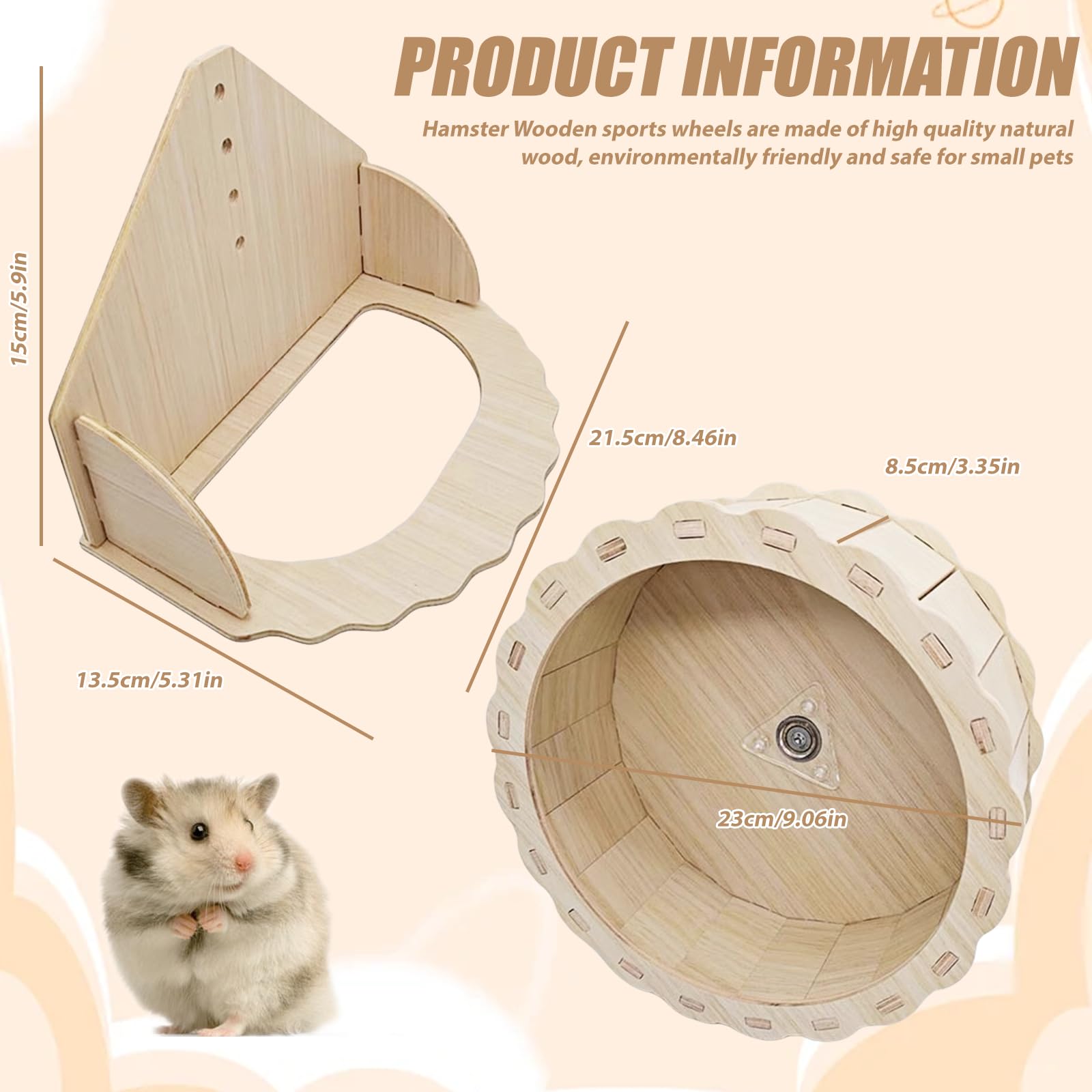 Rueda de madera de 23 cm para hámsteres y mascotas pequeñas, silenciosa rueda de madera para hámsters enanos, jerbos, ratones, juguetes para animales pequeños