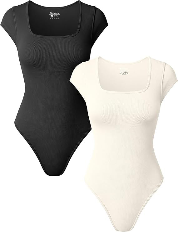 OQQ Women 2 Piece Bodysuits Square Neck Short Stretch Basic Sexy Shirts Bodysuits