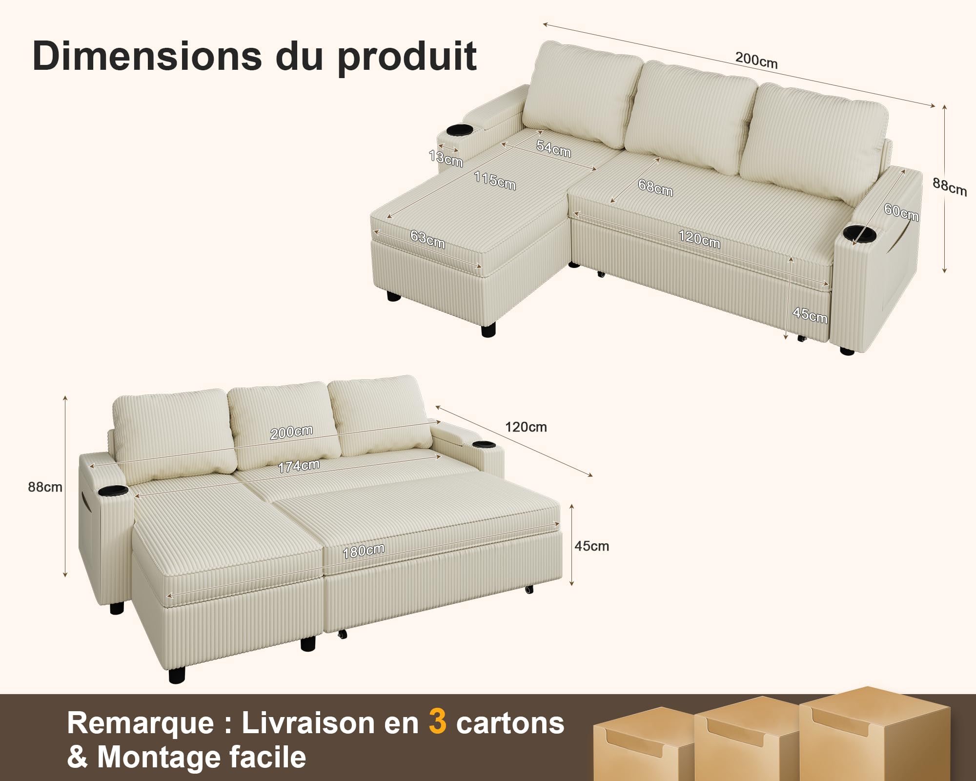 Devoko Canape Dangle Convertible, Canapé Convertible avec Rangement et Méridienne Réversible, Multifonctionnel Canape 3 Places Canapé Lit avec Accoudoirs pour Salon et Petit Appartement,Beige