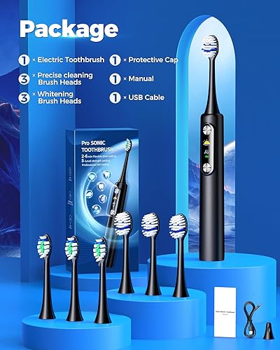 Miniatura 8 de Cepillo de dientes eléctrico para adultos con 6 modos y 5 niveles de intensidad, cepillo de dientes sónico de 84000 rpm con cabezales de cepillado