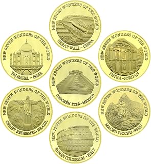 7pc/Set New Seven Wonders of The World Commemorative Metal Coins Set, 1.6 inch Collectible Souvenir Medals – Taj Mahal, Great Wall, Machu Picchu, Chichen Itza, Petra, Colosseum, Christ Redeemer